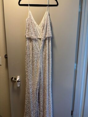 David's Bridal Ivory Beaded Sequin Jumpsuit Romper